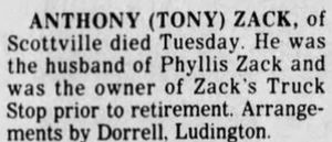 Zacks Truck Stop (Ferrals) - Sep 2 1992 Former Owner Passes Away